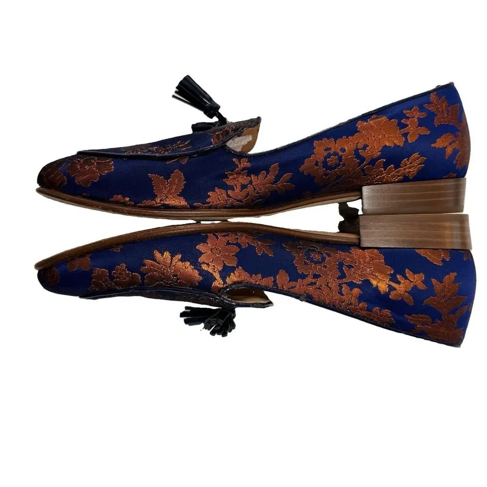 J. Crew Navy & Copper Orange Metallic Jacquard Tasseled Leather Sole Loafer Sz 7
